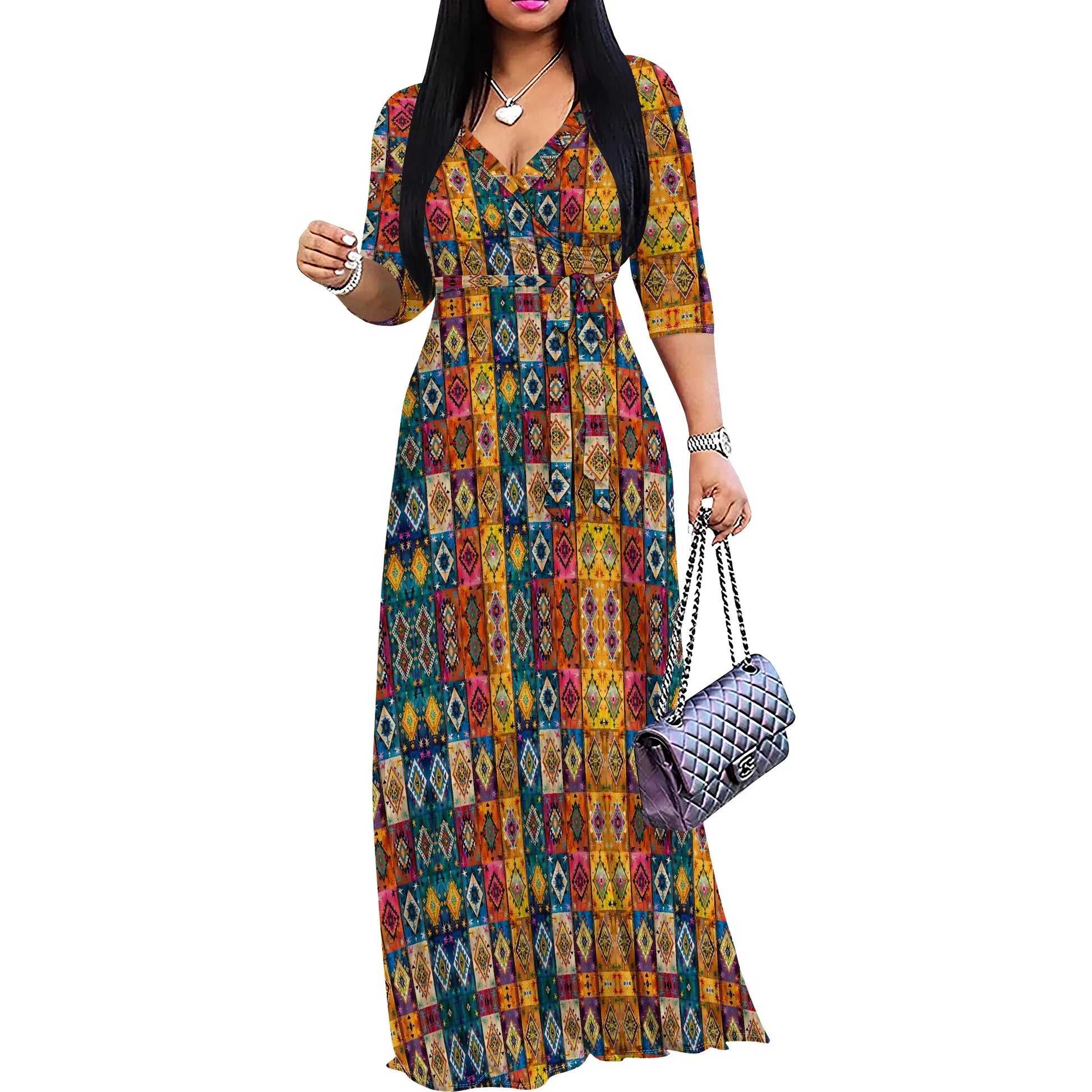 Boho Dresses for Women V Neck Maxi Dress Flowy with Belt