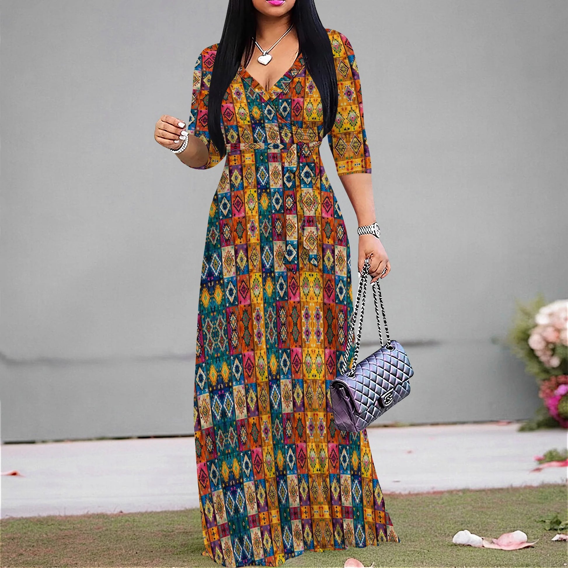 Boho Dresses for Women V Neck Maxi Dress Flowy with Belt