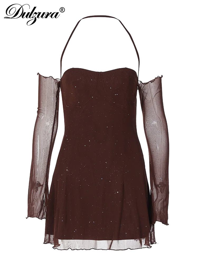 Dulzura Sparkle Mesh Off-Shoulder Mini Dress – Coffee Brown