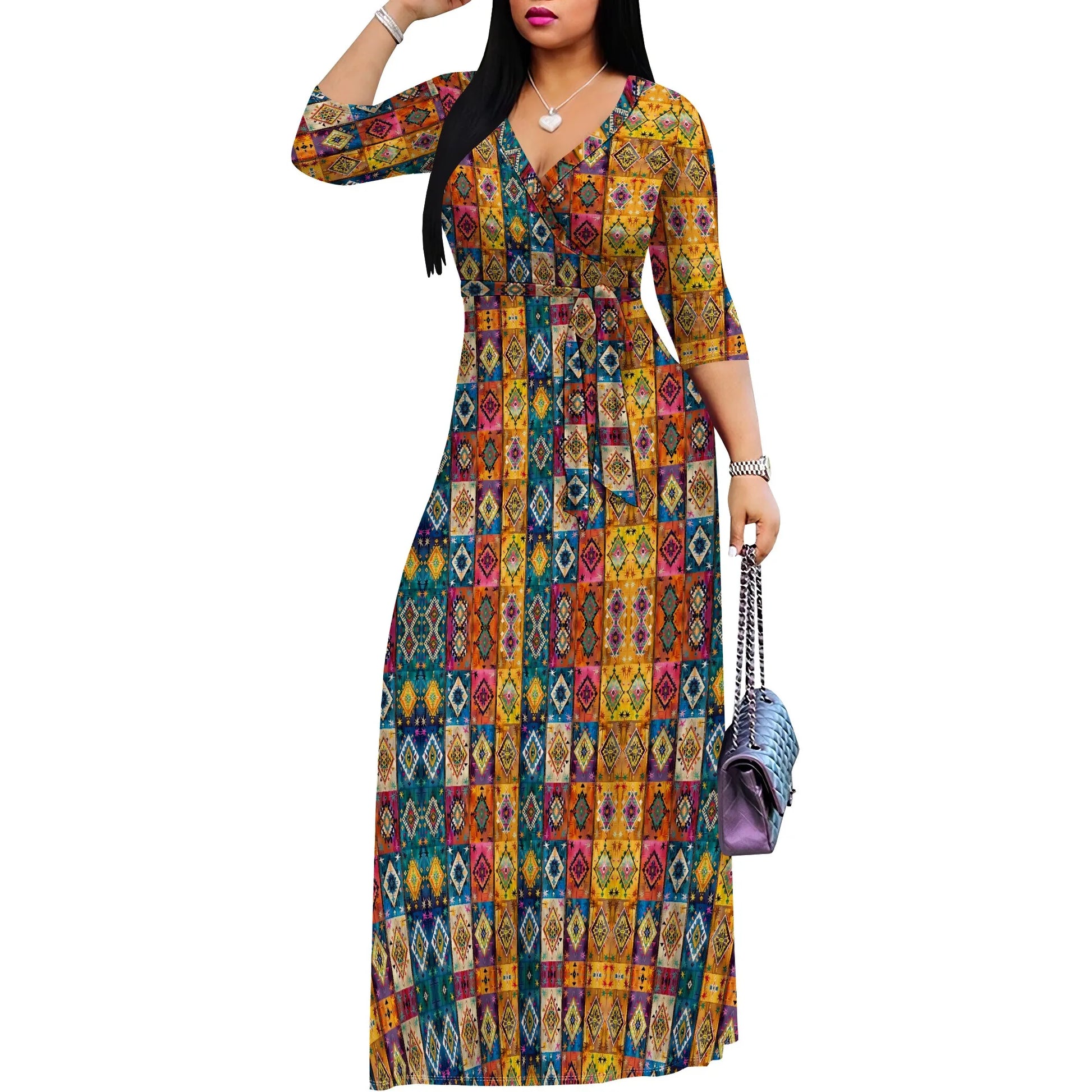 Boho Dresses for Women V Neck Maxi Dress Flowy with Belt