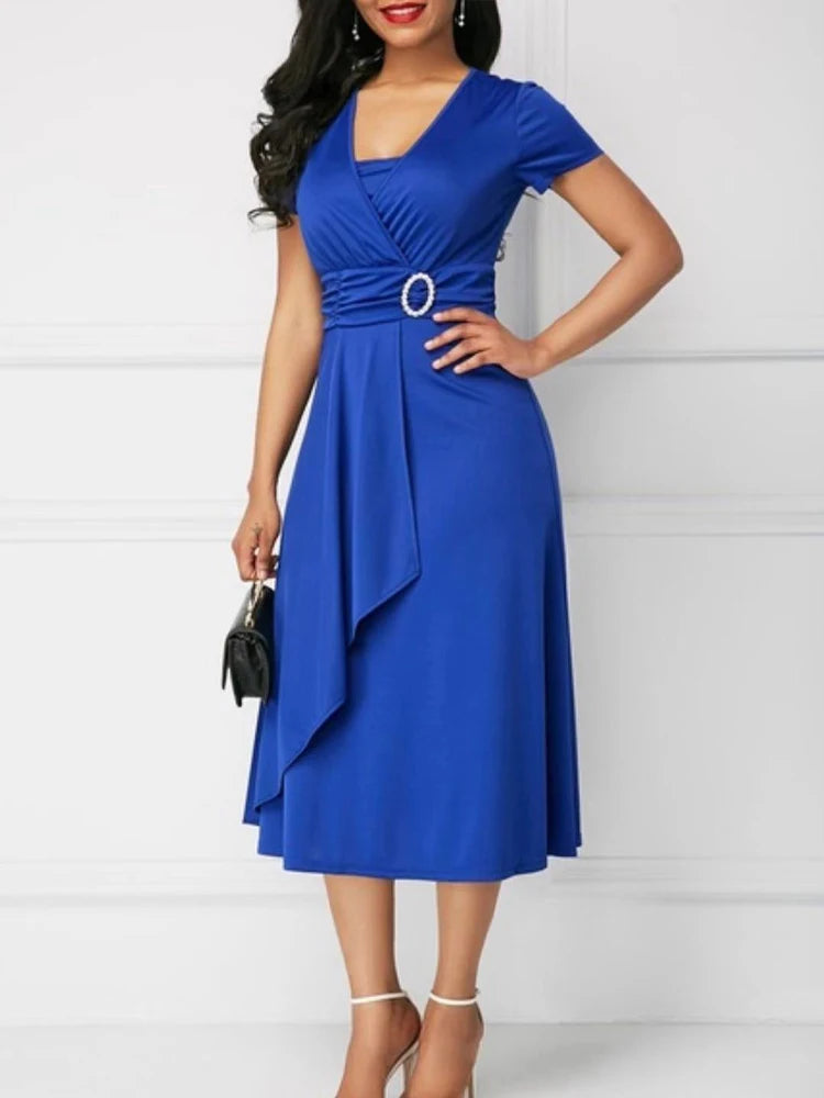 Elegant Midi Dress with Waist Detail and Front Draping  Chic and feminine, this elegant midi dress is perfect for weddings, formal events, or any special occasion.
