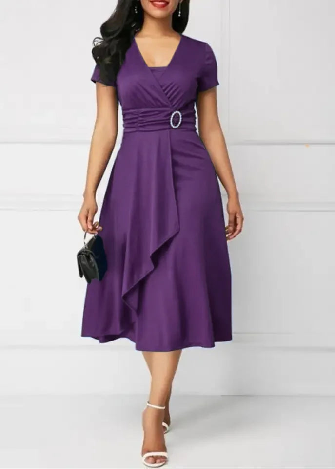 Elegant Midi Dress with Waist Detail and Front Draping  Chic and feminine, this elegant midi dress is perfect for weddings, formal events, or any special occasion.