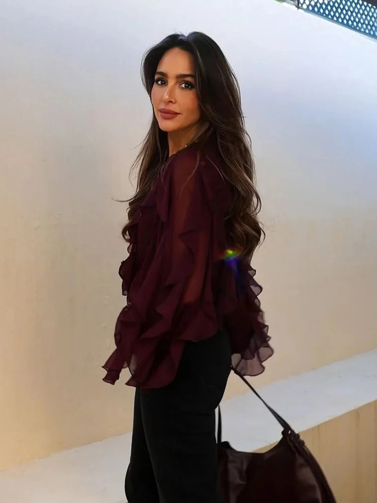 Boho Ruffle Chiffon Blouse-  Boho-inspired chiffon blouse