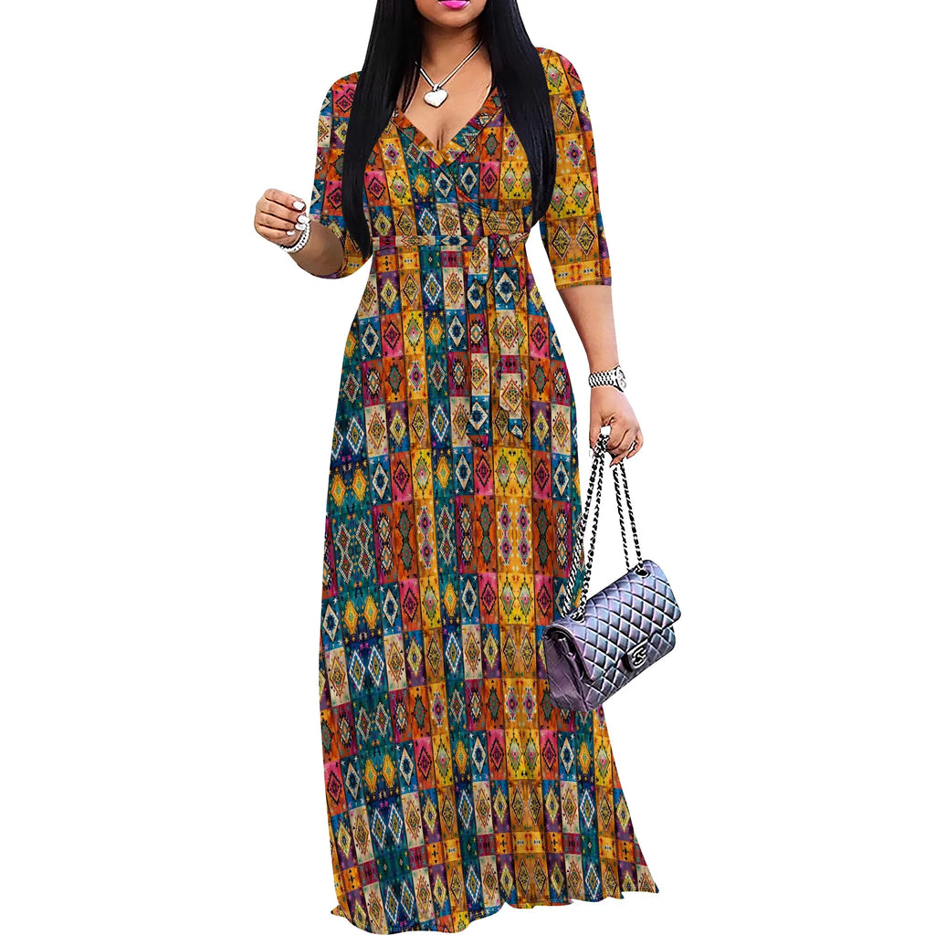 Boho Dresses for Women V Neck Maxi Dress Flowy with Belt