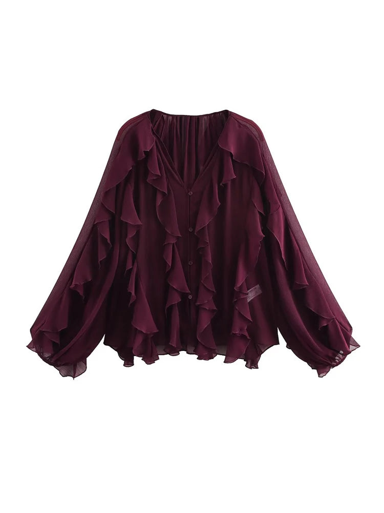 Boho Ruffle Chiffon Blouse-  Boho-inspired chiffon blouse