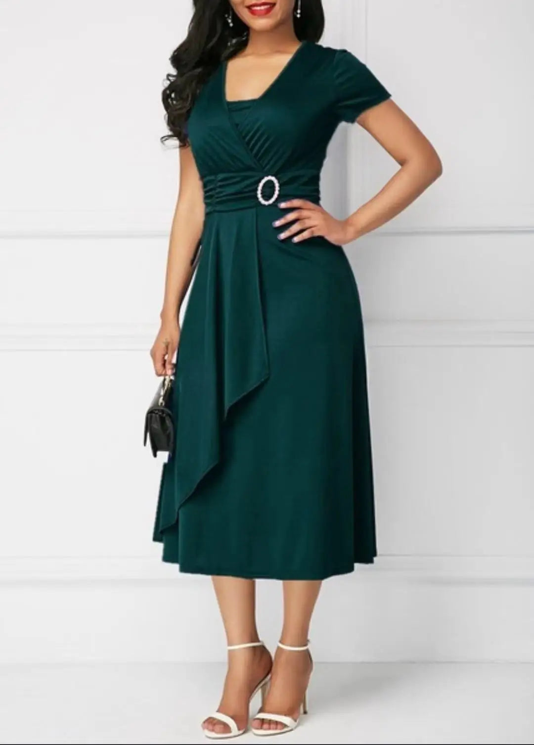 Elegant Midi Dress with Waist Detail and Front Draping  Chic and feminine, this elegant midi dress is perfect for weddings, formal events, or any special occasion.