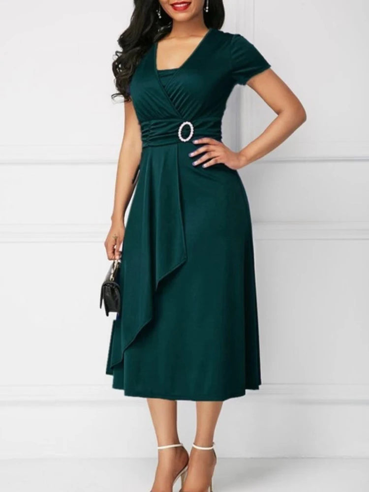 Elegant Midi Dress with Waist Detail and Front Draping  Chic and feminine, this elegant midi dress is perfect for weddings, formal events, or any special occasion.
