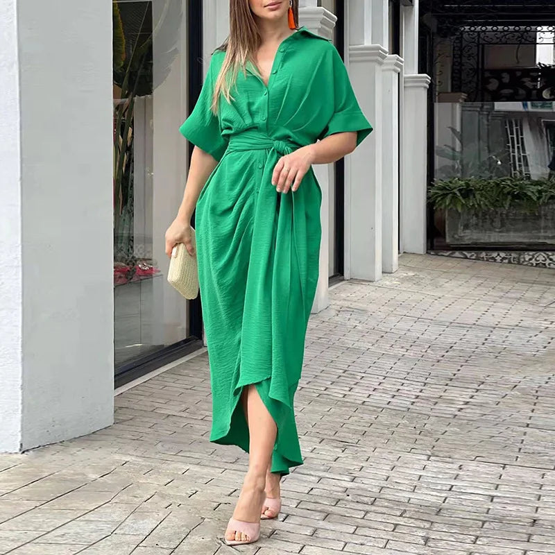 Elegant Green and Ivory Printed Button-Down Shirt Dress with Waist Tie