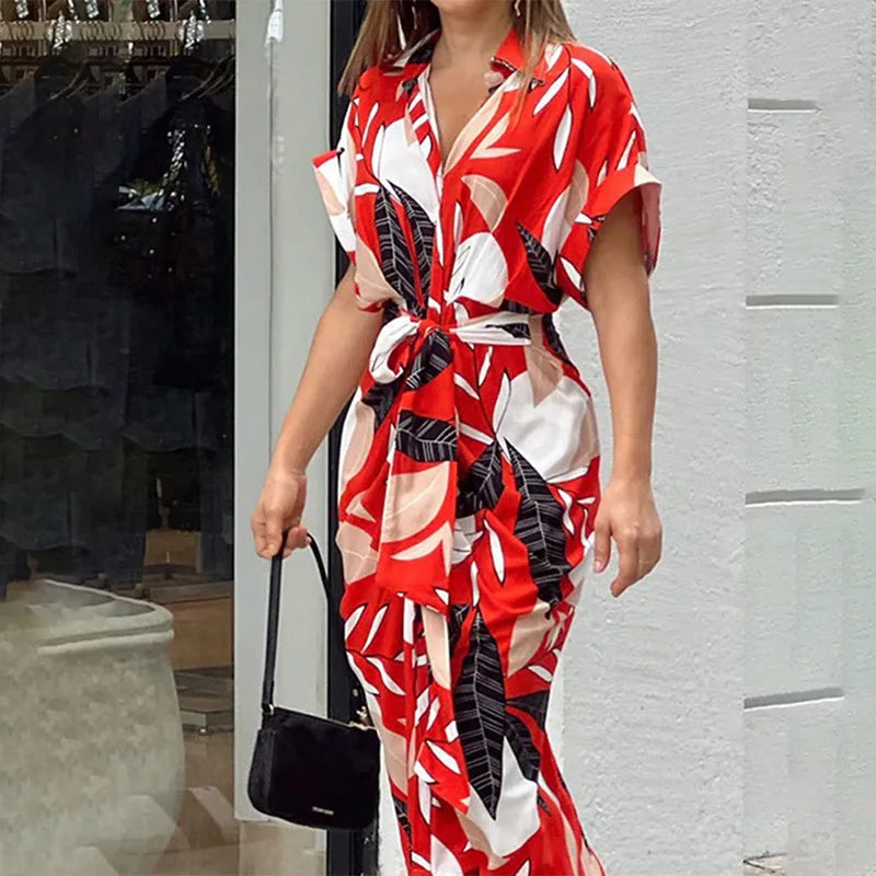 Elegant Green and Ivory Printed Button-Down Shirt Dress with Waist Tie
