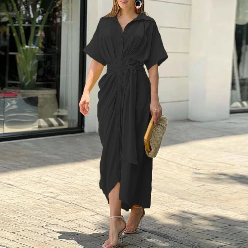 Elegant Green and Ivory Printed Button-Down Shirt Dress with Waist Tie