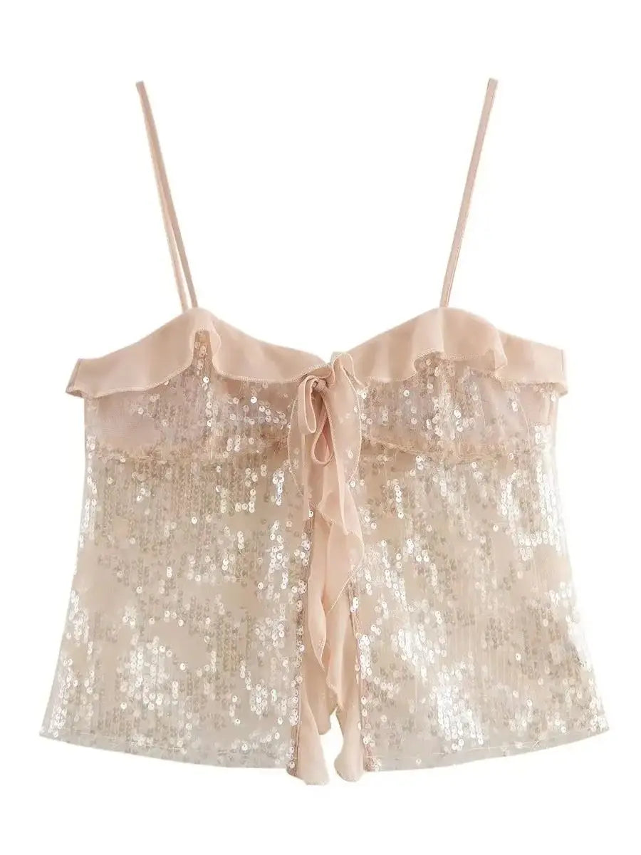 Sparkle & Satin Sequin Cami Top – Blush Nude.  Elevate your evening style with this dazzling sequin cami top in a dreamy blush nude tone. Designed with a soft satin ruffle neckline and delicate spaghetti straps