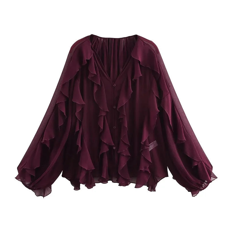 Boho Ruffle Chiffon Blouse-  Boho-inspired chiffon blouse