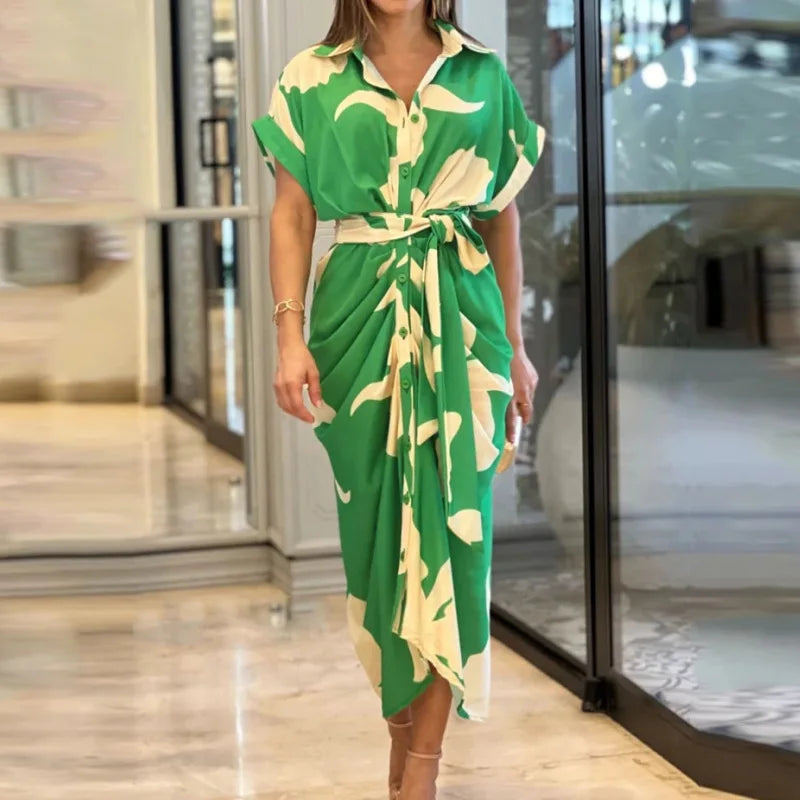 Elegant Green and Ivory Printed Button-Down Shirt Dress with Waist Tie