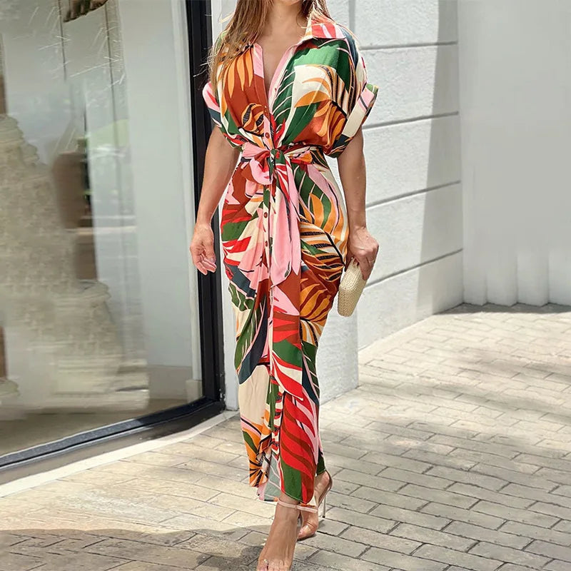 Elegant Green and Ivory Printed Button-Down Shirt Dress with Waist Tie
