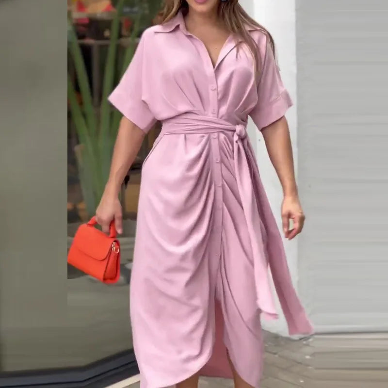 Elegant Green and Ivory Printed Button-Down Shirt Dress with Waist Tie