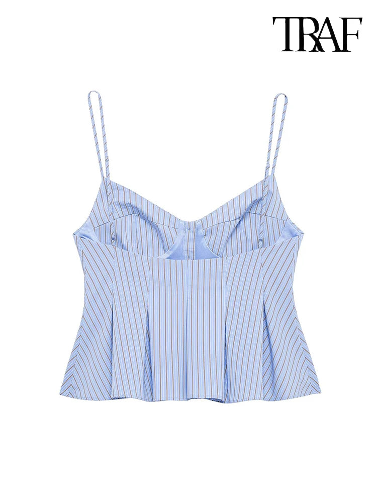 TRAF Striped Corset-Inspired Spaghetti Strap Top. Chic and contemporary striped top from TRAF. Featuring a flattering corset-inspired silhouette, this sleeveless blouse is crafted from a lightweight, breathable fabric perfect for warm weather.