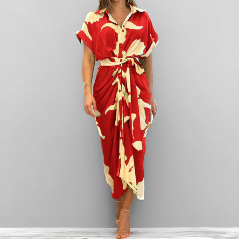 Elegant Green and Ivory Printed Button-Down Shirt Dress with Waist Tie
