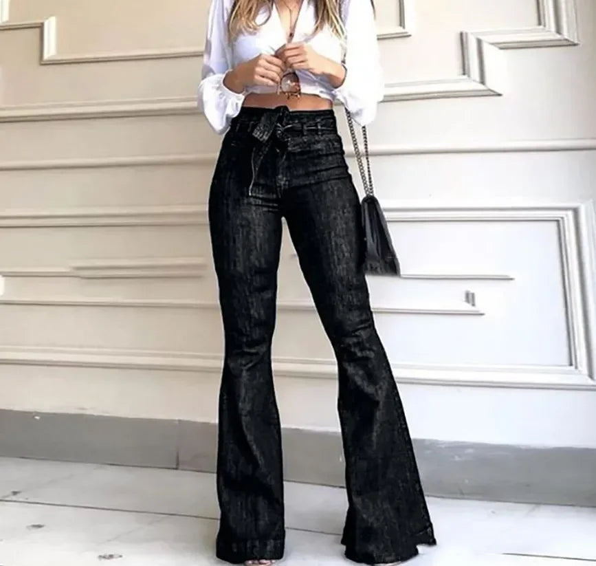 Mom Jeans Women Flare Pants Zipper Fly Flat Pockets Streetwear Denimn. High Waisted Jeans
