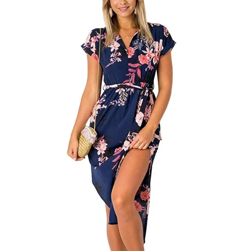 Step into effortless elegance with our Abstract Chic Belted Midi Dress