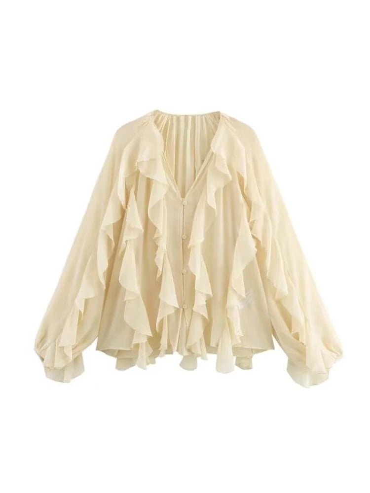 Boho Ruffle Chiffon Blouse-  Boho-inspired chiffon blouse