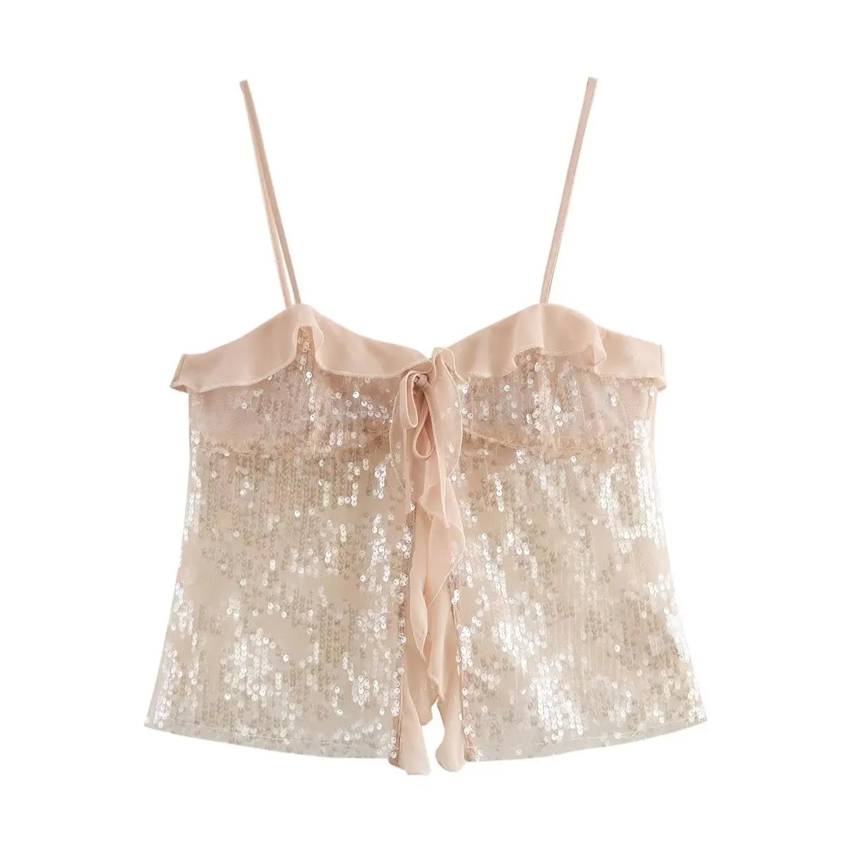 Sparkle & Satin Sequin Cami Top – Blush Nude.  Elevate your evening style with this dazzling sequin cami top in a dreamy blush nude tone. Designed with a soft satin ruffle neckline and delicate spaghetti straps