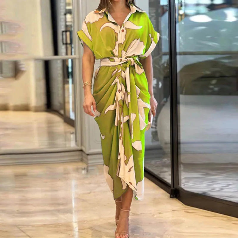 Elegant Green and Ivory Printed Button-Down Shirt Dress with Waist Tie