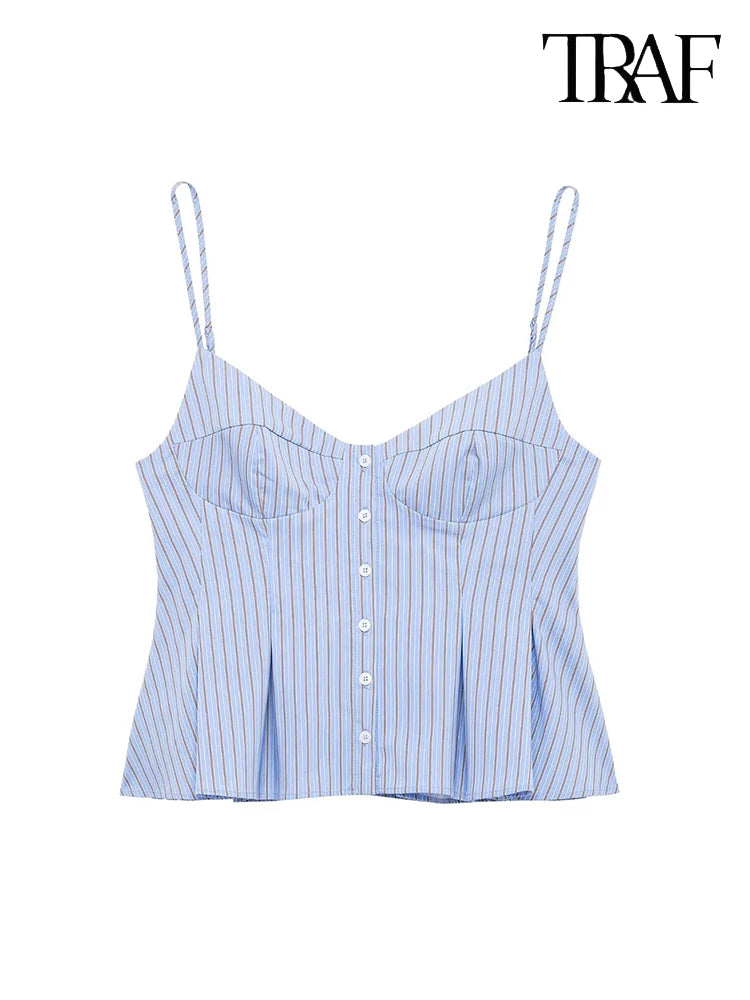 TRAF Striped Corset-Inspired Spaghetti Strap Top. Chic and contemporary striped top from TRAF. Featuring a flattering corset-inspired silhouette, this sleeveless blouse is crafted from a lightweight, breathable fabric perfect for warm weather.