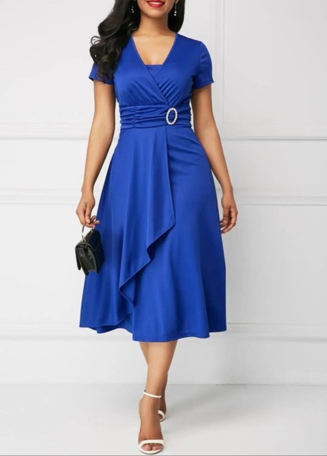 Elegant Midi Dress with Waist Detail and Front Draping  Chic and feminine, this elegant midi dress is perfect for weddings, formal events, or any special occasion.