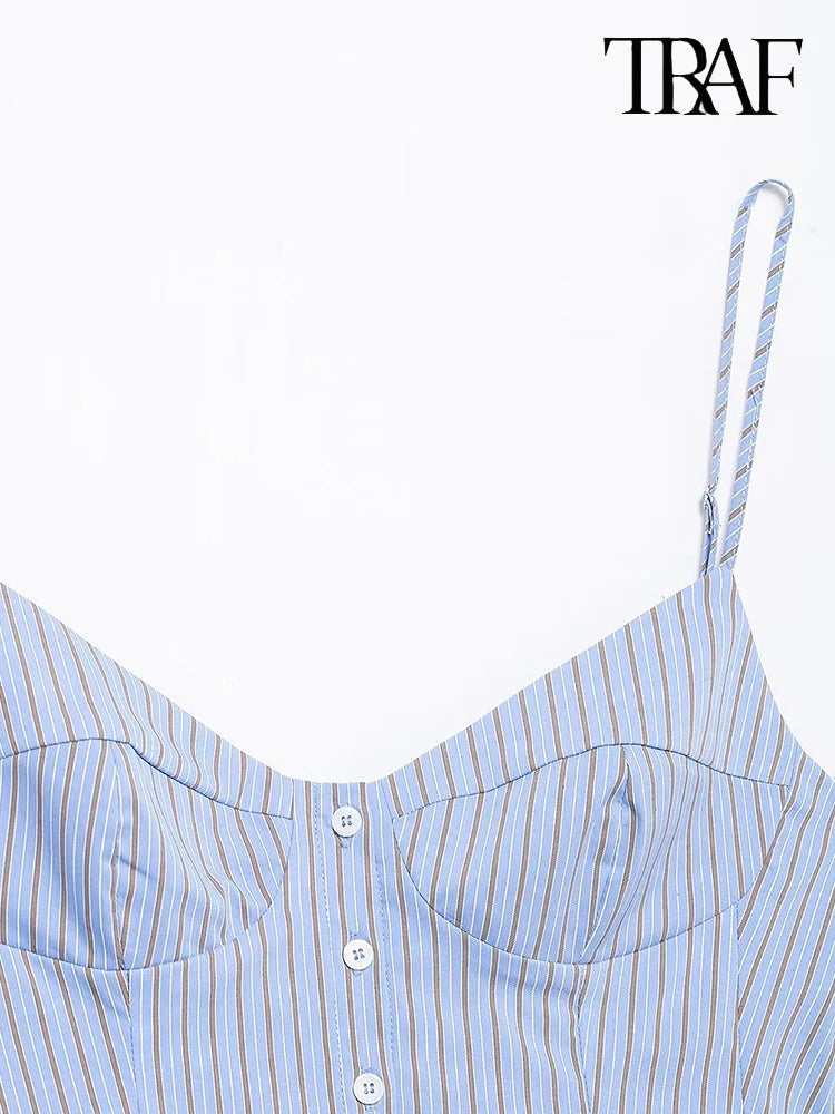 TRAF Striped Corset-Inspired Spaghetti Strap Top. Chic and contemporary striped top from TRAF. Featuring a flattering corset-inspired silhouette, this sleeveless blouse is crafted from a lightweight, breathable fabric perfect for warm weather.