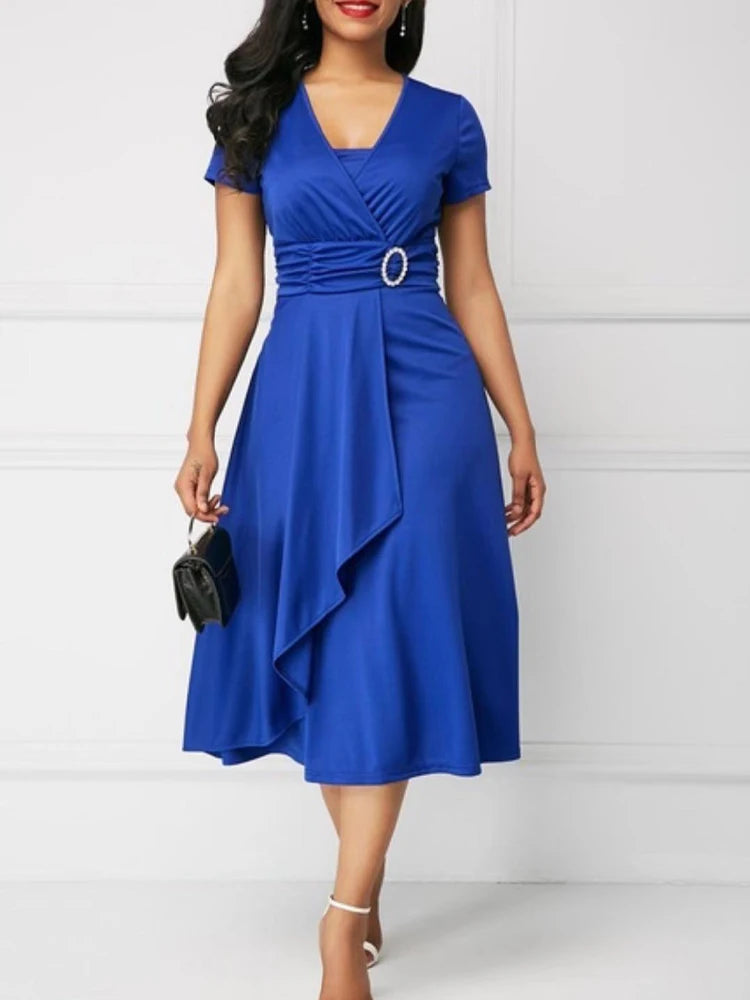 Elegant Midi Dress with Waist Detail and Front Draping  Chic and feminine, this elegant midi dress is perfect for weddings, formal events, or any special occasion.