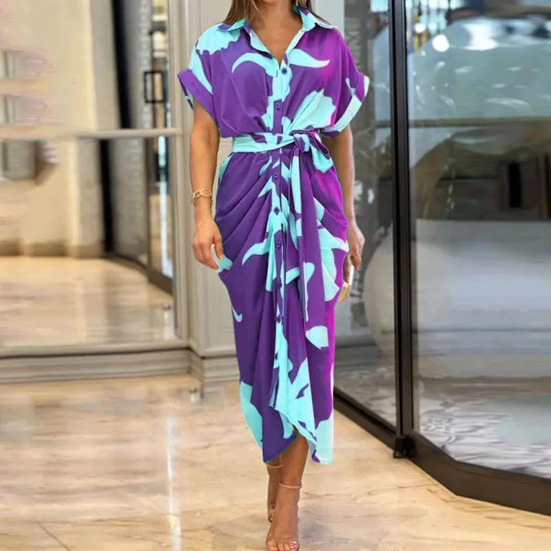 Elegant Green and Ivory Printed Button-Down Shirt Dress with Waist Tie