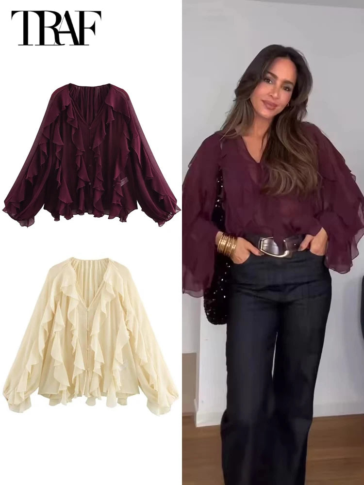 Boho Ruffle Chiffon Blouse-  Boho-inspired chiffon blouse