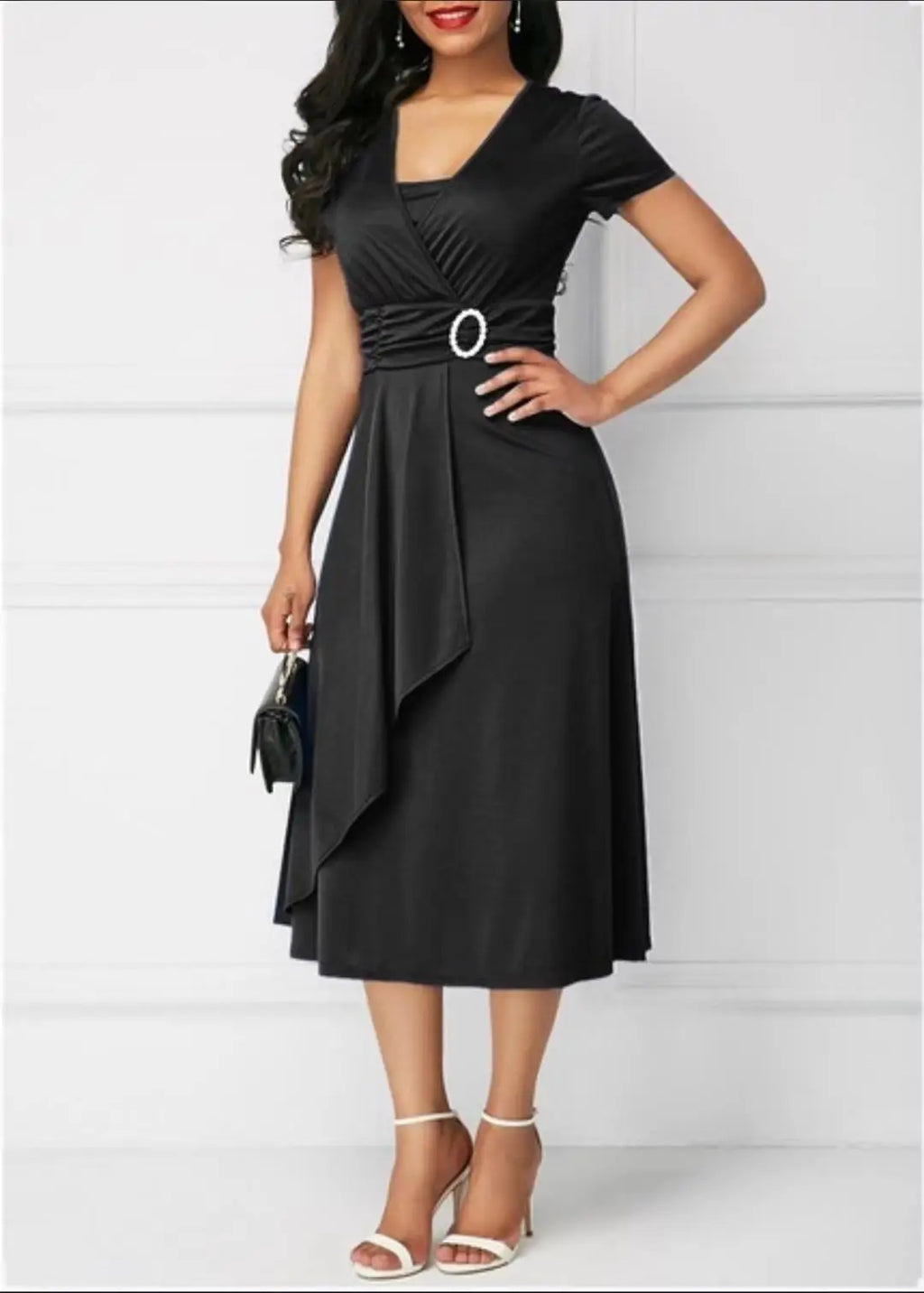 Elegant Midi Dress with Waist Detail and Front Draping  Chic and feminine, this elegant midi dress is perfect for weddings, formal events, or any special occasion.