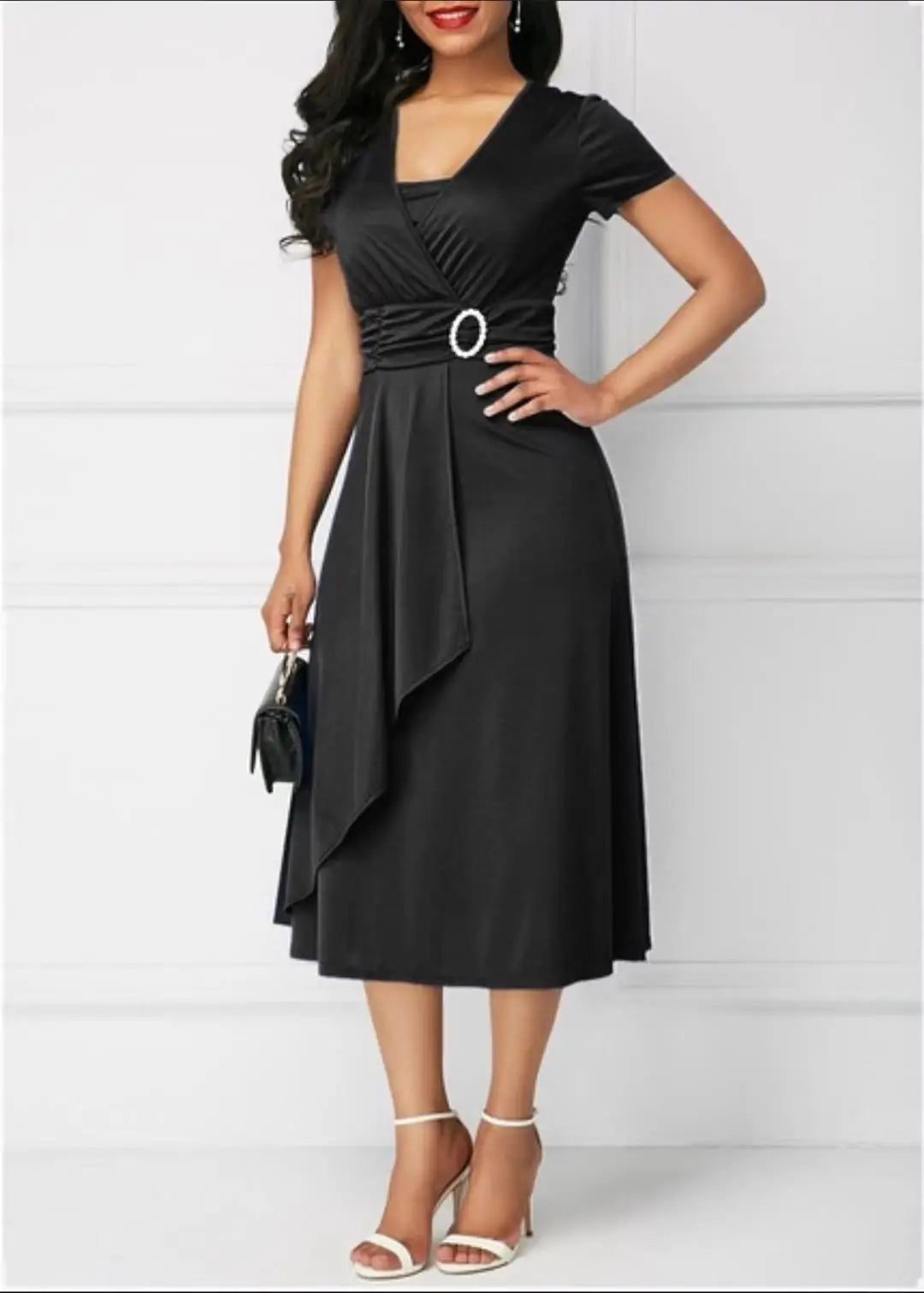 Elegant Midi Dress with Waist Detail and Front Draping  Chic and feminine, this elegant midi dress is perfect for weddings, formal events, or any special occasion.