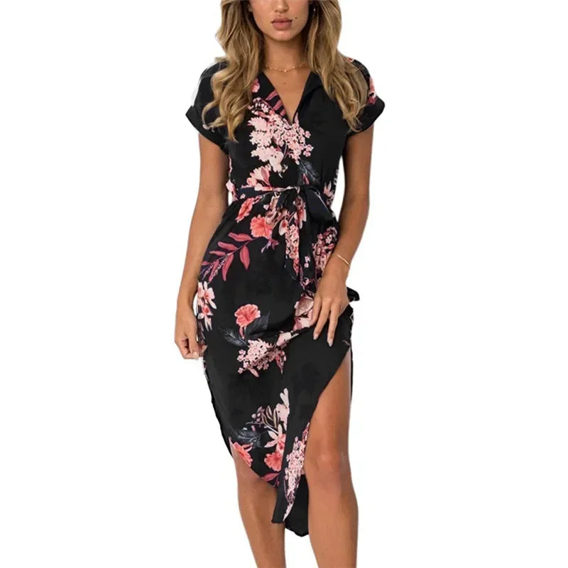 Step into effortless elegance with our Abstract Chic Belted Midi Dress