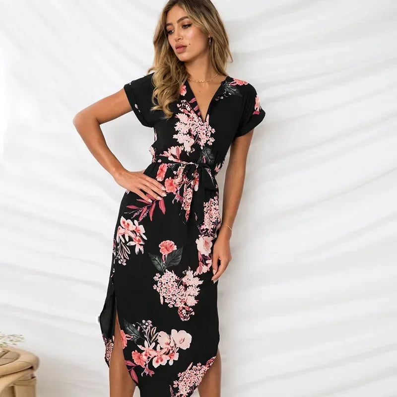 Step into effortless elegance with our Abstract Chic Belted Midi Dress
