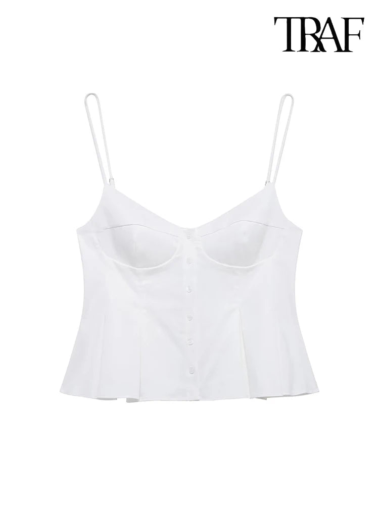 TRAF Striped Corset-Inspired Spaghetti Strap Top. Chic and contemporary striped top from TRAF. Featuring a flattering corset-inspired silhouette, this sleeveless blouse is crafted from a lightweight, breathable fabric perfect for warm weather.