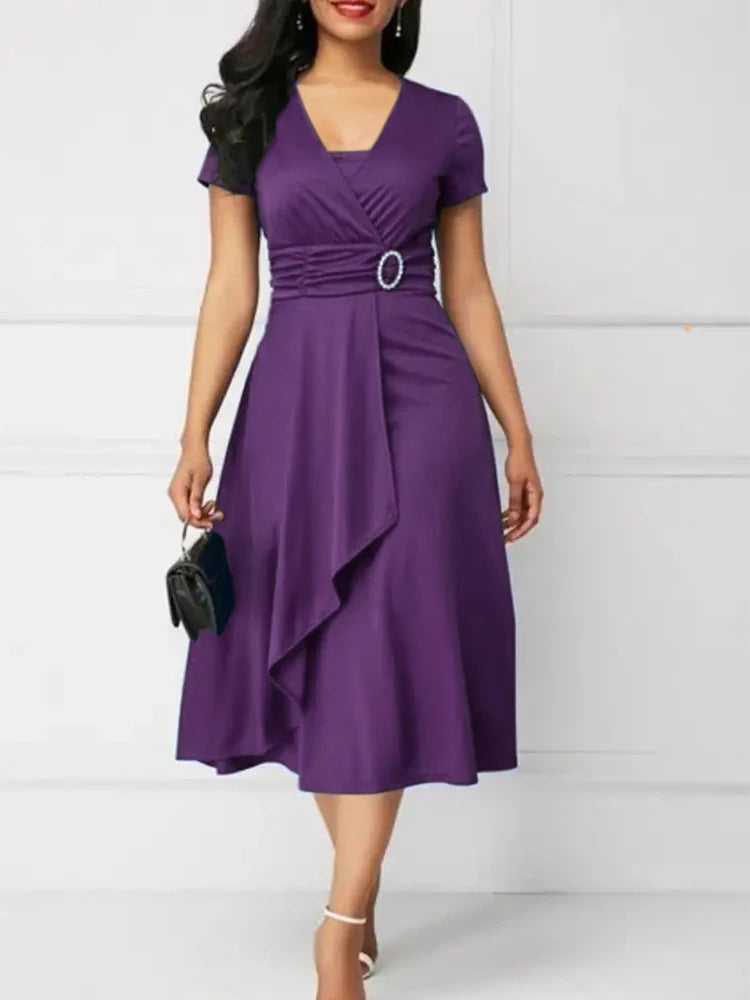 Elegant Midi Dress with Waist Detail and Front Draping  Chic and feminine, this elegant midi dress is perfect for weddings, formal events, or any special occasion.