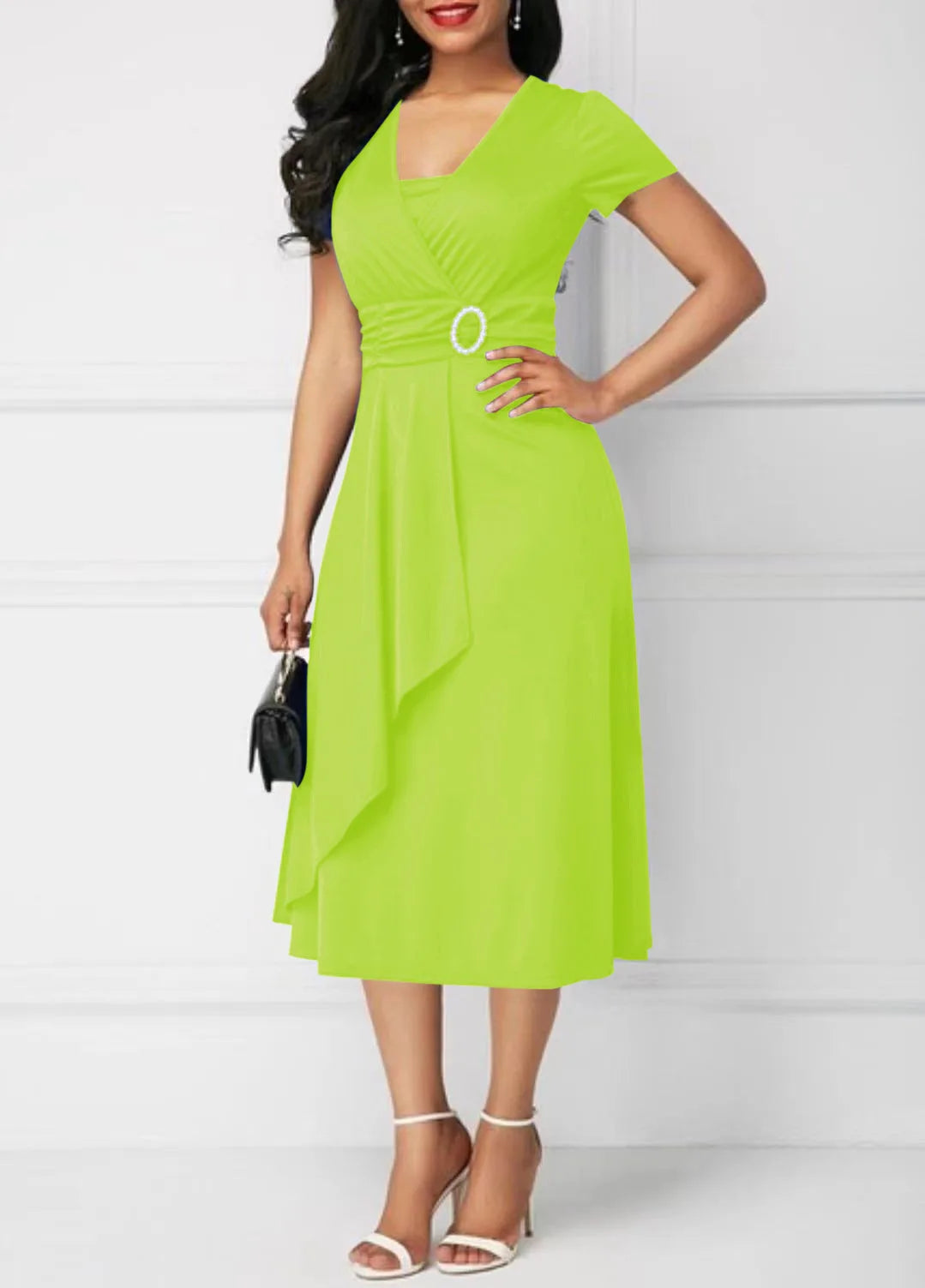 Elegant Midi Dress with Waist Detail and Front Draping  Chic and feminine, this elegant midi dress is perfect for weddings, formal events, or any special occasion.