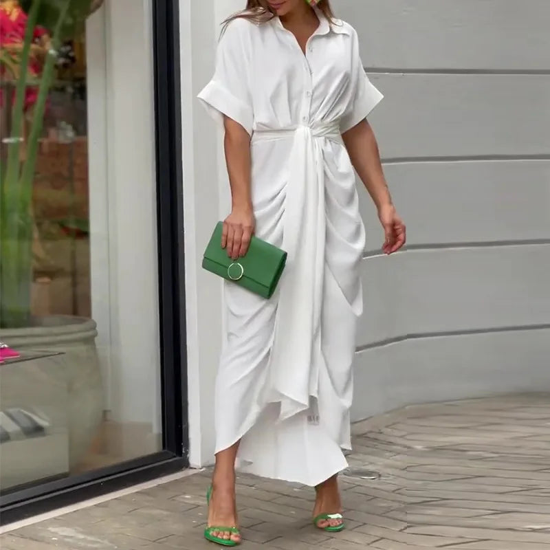 Elegant Green and Ivory Printed Button-Down Shirt Dress with Waist Tie