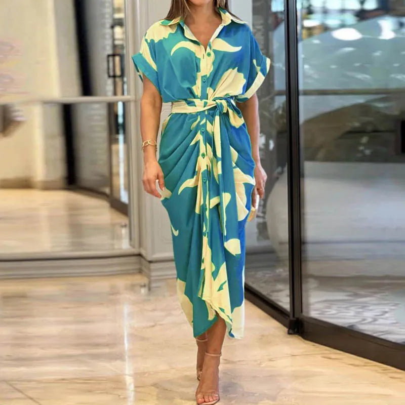 Elegant Green and Ivory Printed Button-Down Shirt Dress with Waist Tie